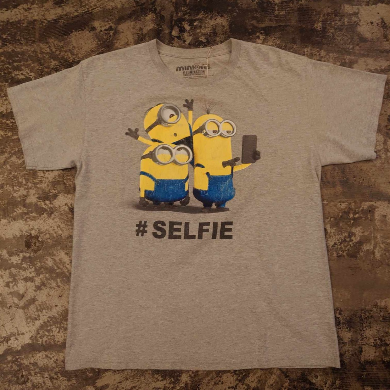 ミニオンズ プリントTシャツ #SELFIE グレー Lサイズ コットンポリ混紡　 #和歌山古着