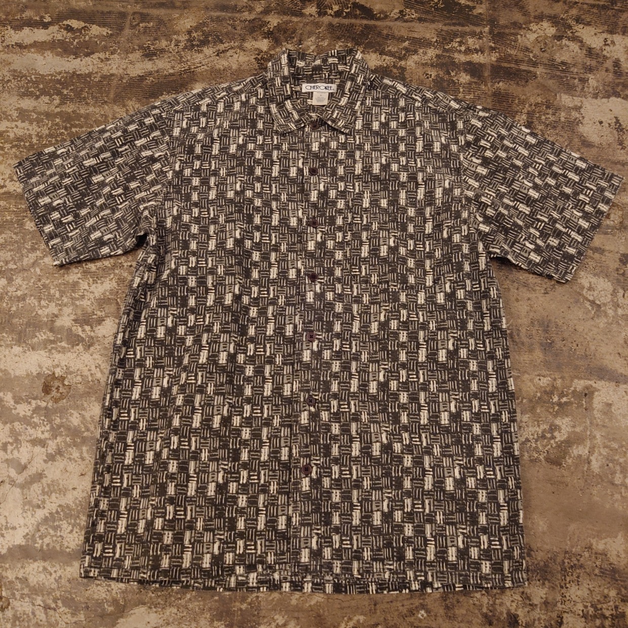 CHEROKEE モノトーン総柄コットン半袖シャツ M　＃和歌山古着屋