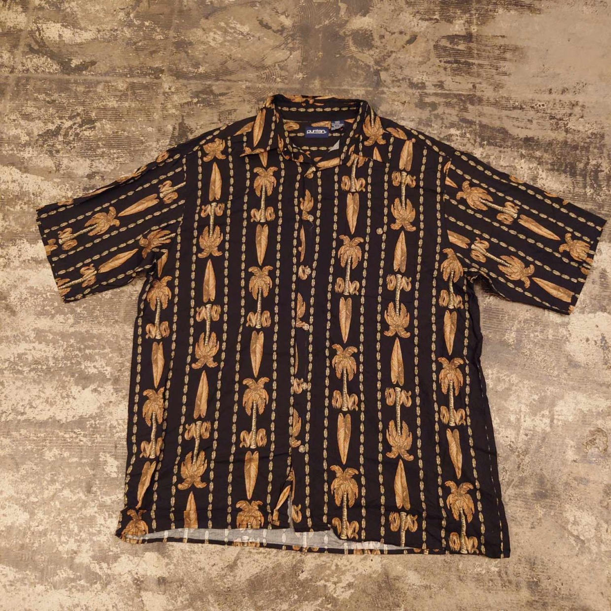 puritan 総柄 半袖シャツ ブラック レーヨン　＃和歌山古着屋