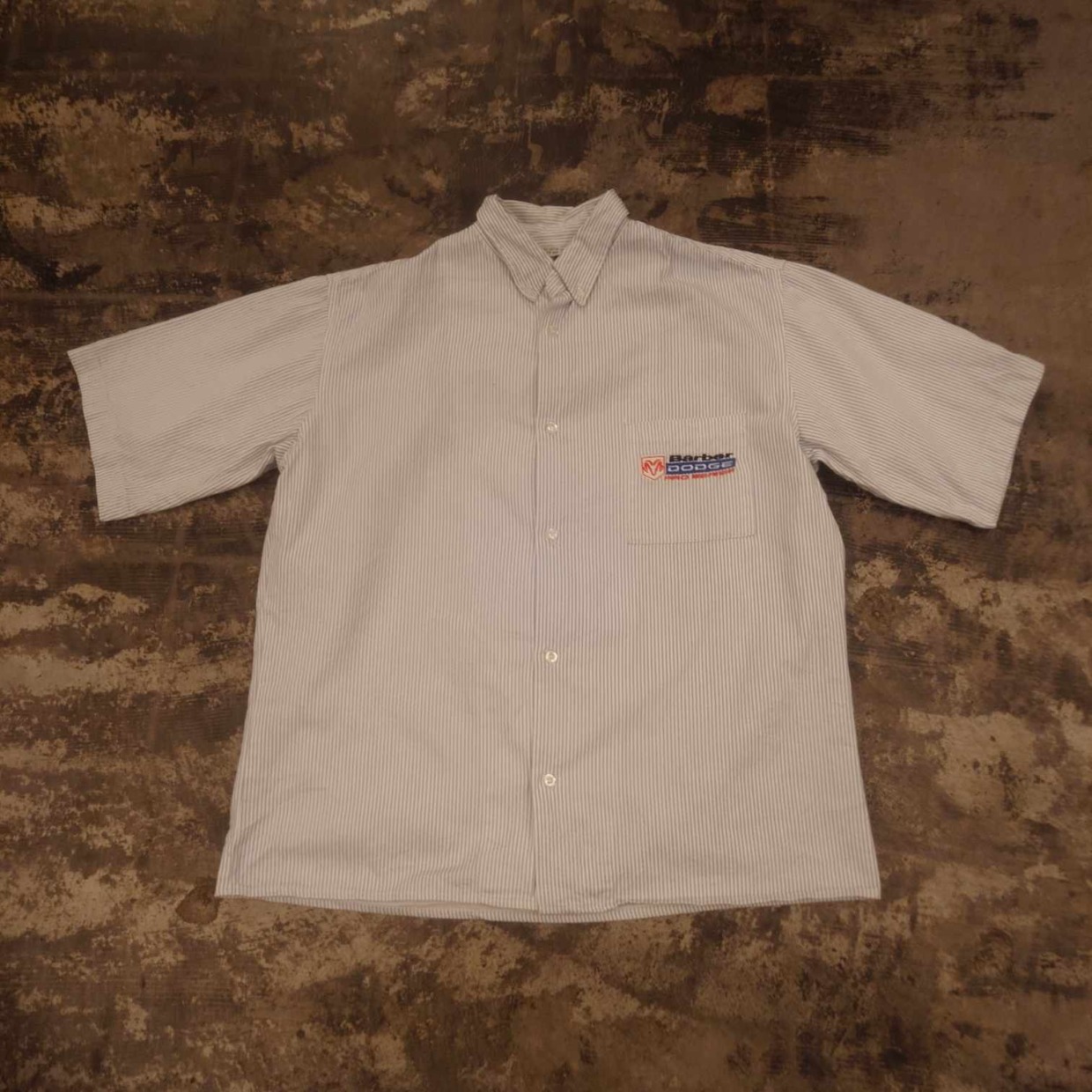 Barber DODGE PRO SERVICE 刺繍ロゴ ストライプ 半袖ワークシャツ　＃和歌山古着屋